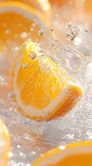 Wall Mural - A few orange slices and water splashes in the air against an orange background with an orange and white color scheme, captured with high resolution photography