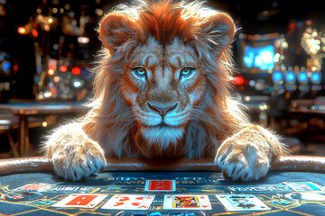 Animal Lion plays poker blackjack in a casino, fantasy