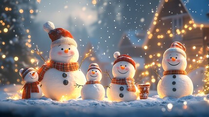 Cartoon family celebrating a winter festival with snowmen hot cocoa and festive lights