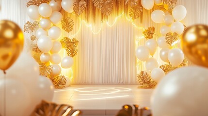 Wall Mural - White and gold balloons, golden plant leaves illuminated by yellow neon lights.