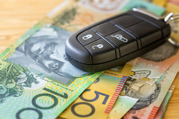 Fototapete - Car keys and Australian dollars, Transportation concept