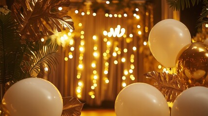 Wall Mural - White and gold balloons, golden plant leaves illuminated by yellow neon lights.