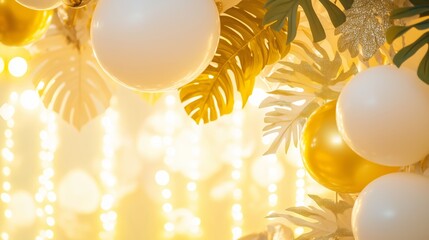 Wall Mural - White and gold balloons, golden plant leaves illuminated by yellow neon lights.