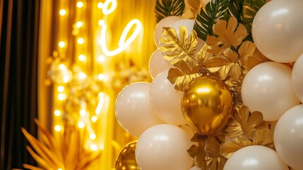 Wall Mural - White and gold balloons, golden plant leaves illuminated by yellow neon lights.