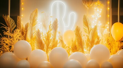 Wall Mural - White and gold balloons, golden plant leaves illuminated by yellow neon lights.