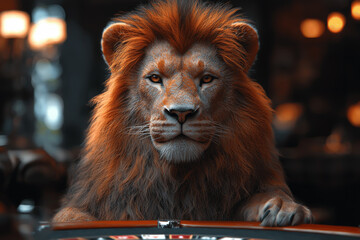 Animal Lion plays poker blackjack in a casino, fantasy