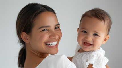 In a serene studio setting, a mother and her happy baby share a heartwarming moment.