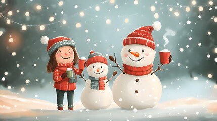 Cartoon family celebrating a winter festival with snowmen hot cocoa and festive lights