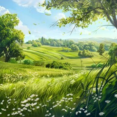 Wall Mural - A lush green field with a few trees in the background. The sky is clear and blue, and the sun is shining brightly. Scene is peaceful and serene, with the vast open space