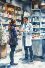 Wall Mural - Watercolor painting of male pharmacist talking with customer in pharmacy.