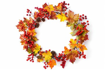 Wall Mural - wreath of fall leaves and berries on white background