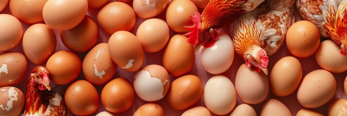 Wall Mural - A close-up image of fresh brown eggs surrounded by two chickens, symbolizing the cycle of life, organic farming, healthy food choices, and the importance of supporting local farmers.