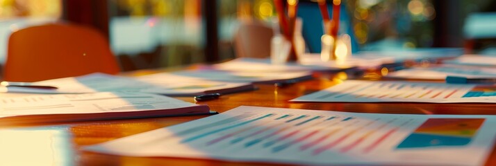 Poster - A close-up of a table covered in documents and papers, symbolizing productivity, collaboration, and teamwork.  The sunlight shining through the window adds a sense of warmth and optimism, representing