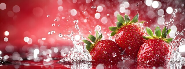 Wall Mural - A few strawberries and water splashes in the air against an red background with an strawberries and white color scheme