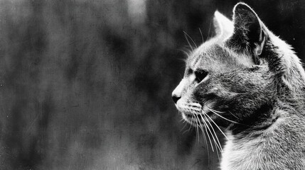 Poster -   A black-and-white image of a cat tilting its head as it gazes off in the distance