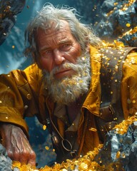 A man with a beard and white hair is wearing a yellow jacket and is surrounded by gold coins