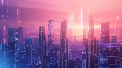 Wall Mural - A futuristic city skyline with neon lights, representing innovation, technology, and urban development.