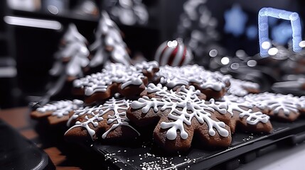 Poster -   A close-up of a tray of snowflake and Christmas tree-decorated cookies, with a music note in the background