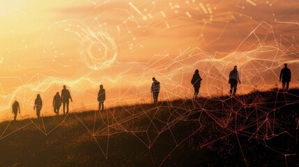 Poster - A group of people walking together towards a bright sunset, symbolizing teamwork, progress, aspiration, and a shared vision.  A network of lines connecting them represents collaboration and connection