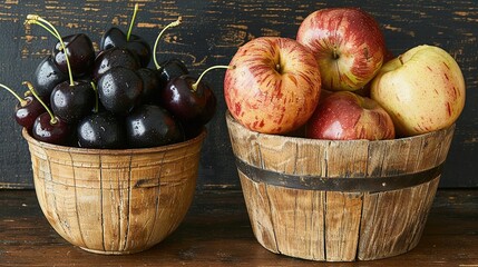 Poster -   A couple of baskets of fruit sit on a wooden table next to each other