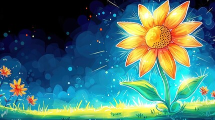 Poster -   Sunflower Field with Blue Sky and Stars