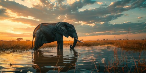 Wall Mural - African elephant grazing on grass while standing in water