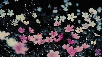 Poster -   A field of mixed pink and white blooms, surrounded by green foliage and set against a backdrop of black sky