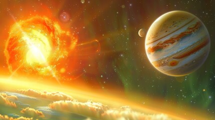 Poster -   An artist's depiction of a solar system featuring two planets in the foreground and a remote star in the backdrop