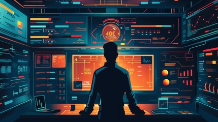 Wall Mural - A silhouette of a hacker working at a computer with multiple monitors displaying complex digital data, symbolizing cybersecurity, data security, coding, technology, and digital innovation.