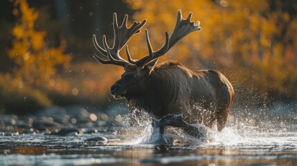  A tight shot of a moose submerged in water, surrounded by dense trees in the background