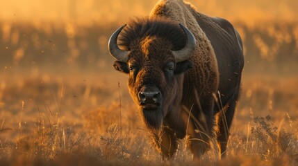 Canvas Print -  A close-up of a bison in a field of tall grass, with the sun casting light on its face