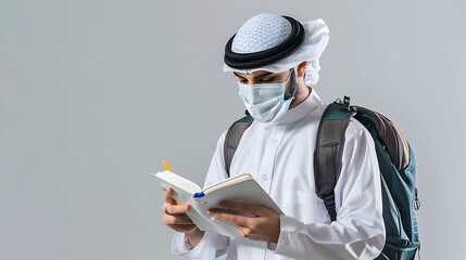 Wall Mural - Isolated Young Saudi Student Use Mask Wearing White Reading a Book Read Quran