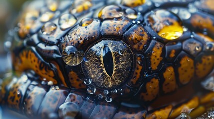 Wall Mural -  A tight shot of an animal's face, adorned with water droplets on its skin against a black backdrop