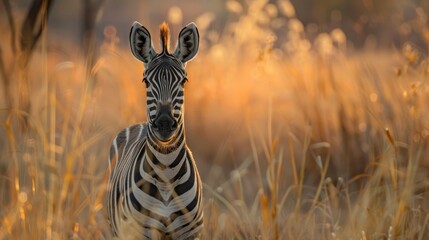 Wall Mural -  A zebra stands in a field of tall grass, sun shining on its back