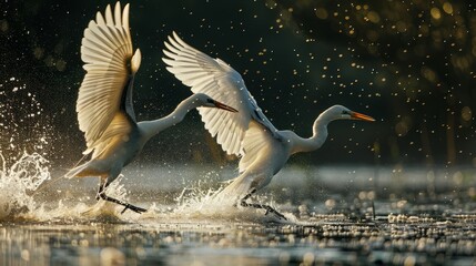  Two white birds fly over a tranquil body of water, creating gentle splashes on the shoreline Trees line the background