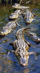 Alligators in swamp water swimming together