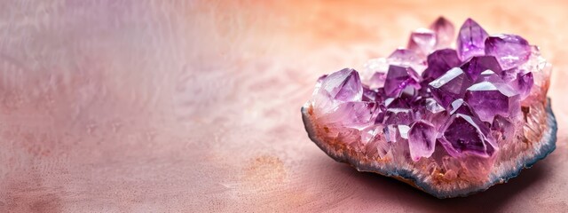 Poster -  A cluster of amethyst crystals atop a pink-purple tablecloth on a weathered wood surface