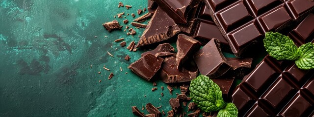 Wall Mural -  A tight shot of a mint-infused chocolate bar, garnished with fresh sprigs An adjacent image of a shattered chocolate piece