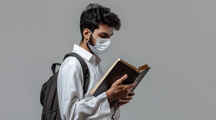 Canvas Print - Isolated Young Saudi Student Use Mask Wearing White Reading a Book Read Quran