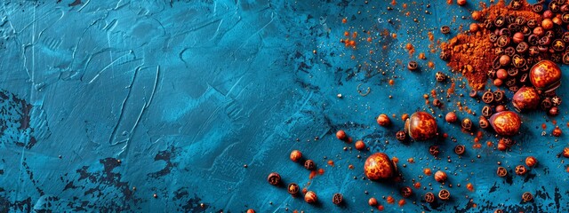 Wall Mural -  A collection of oranges atop a blue surface One group rests freely; another forms a pile, both adjacent surfaces blue