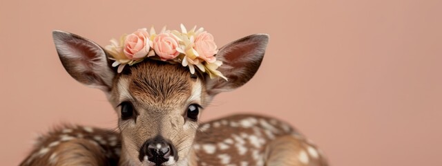 Wall Mural -  A baby deer wearing a flower crown gazes at the camera against a pink backdrop