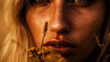 Wall Mural -  A woman's face, closely framed, is adorned with nearby flowers and a prominent plant in the foreground