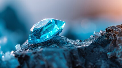 Wall Mural -  A large blue diamond rests atop a slab of blue ice, adorned with water droplets