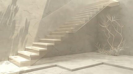 Wall Mural -   A set of stairs leads up to the top of another set in a room with a plant in the corner