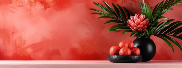 Poster -  A red wall backdrops a shelf with a potted plant and a bowl of fruit