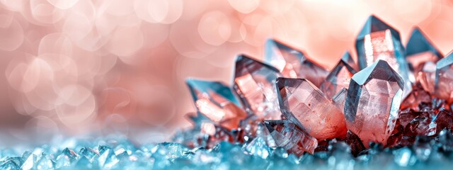 Poster -  A tight shot of a crystal cluster, comprised of pink and blue gemstones, against a soft backdrop of blue and pink Background features a haze of twinkling lights