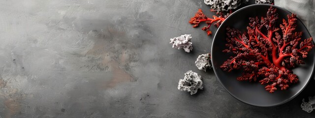 Poster -  A gray surface holds a plate displaying red and white corals Other corals rest beside the plate