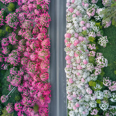 Wall Mural - Bird's-eye view of a road meandering through trees, with striking pink flowers creating a colorful landscape.