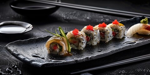 Wall Mural - Gourmet experience Delicate sushi rolls presented on a sleek black plate with accompaniments and chopsticks