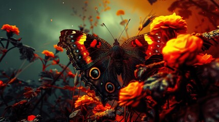 Poster -   A zoomed-in photo of a butterfly perched on a flower surrounded by other blossoms, with a distant, ominous sky visible behind